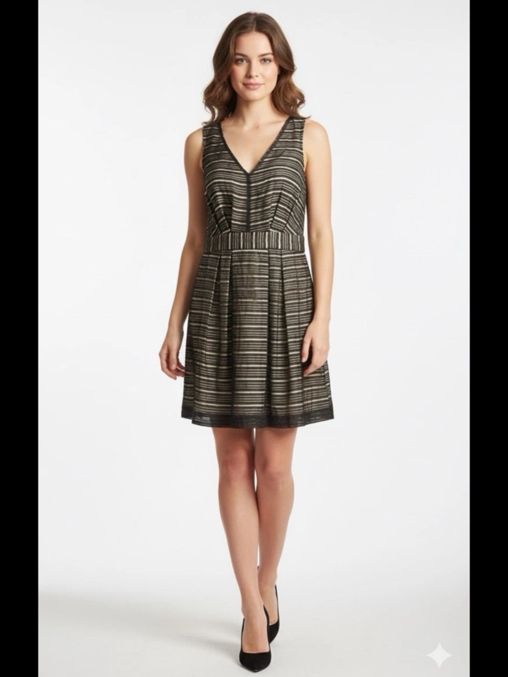 BCBGeneration Black and Gold Striped V-Neck Fit-and-Flare Mini Dress